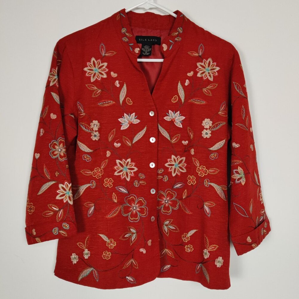Silk Land Women's Embroidered 100% Silk Jacket Size Medium Bohemian Quiet Luxury